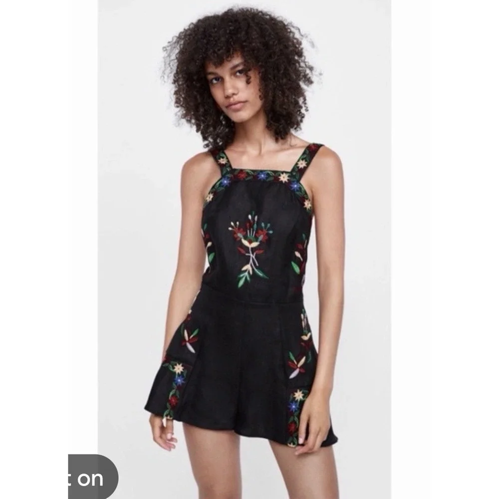 Zara Linen Romper S Floral Embroidered Black Bib Jumper Boho Hipster Open Back